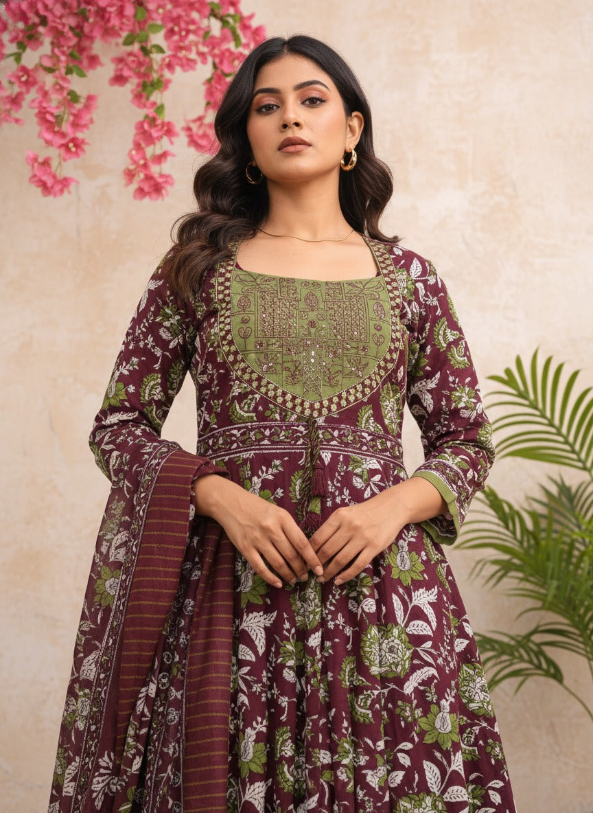 Wine Mehrang Floral Suit Set