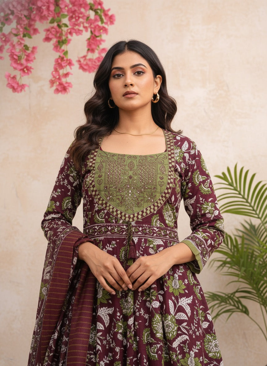 Wine Mehrang Floral Suit Set