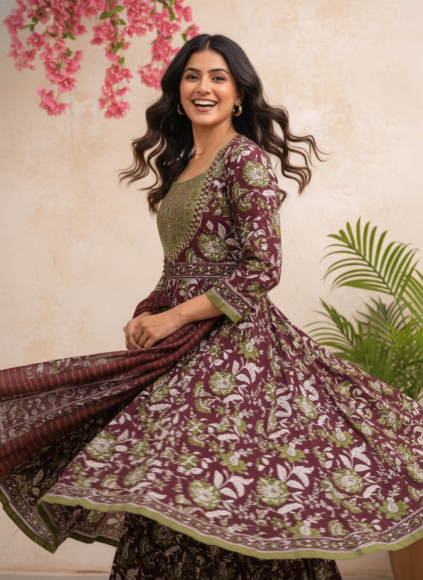 Wine Mehrang Floral Suit Set